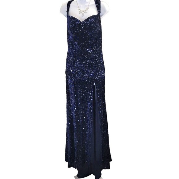 NWT Dark Navy Blue Sequin Evening Classic Sleeveless Corset Back Thigh Slit - Picture 8 of 15